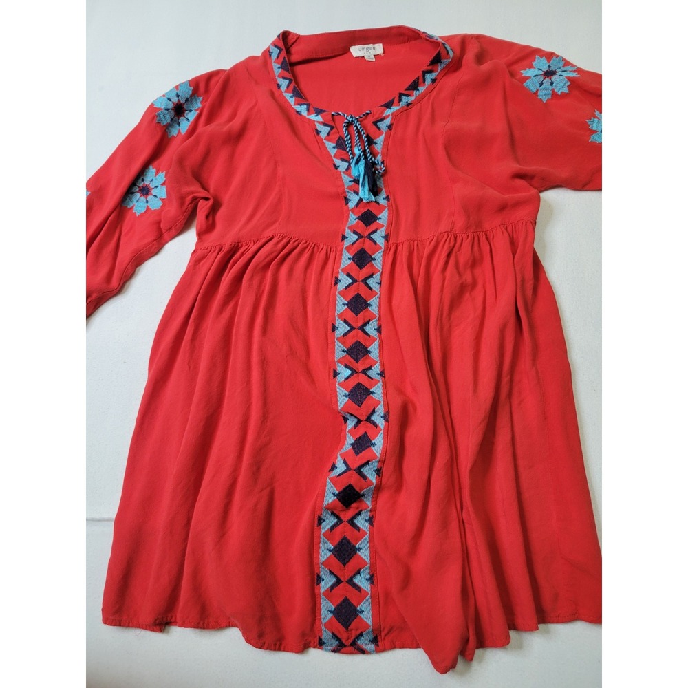 Umgee Red Boho Embroidered Tunic Top Tassel Tie Babydoll Floral Blue Medium 1720